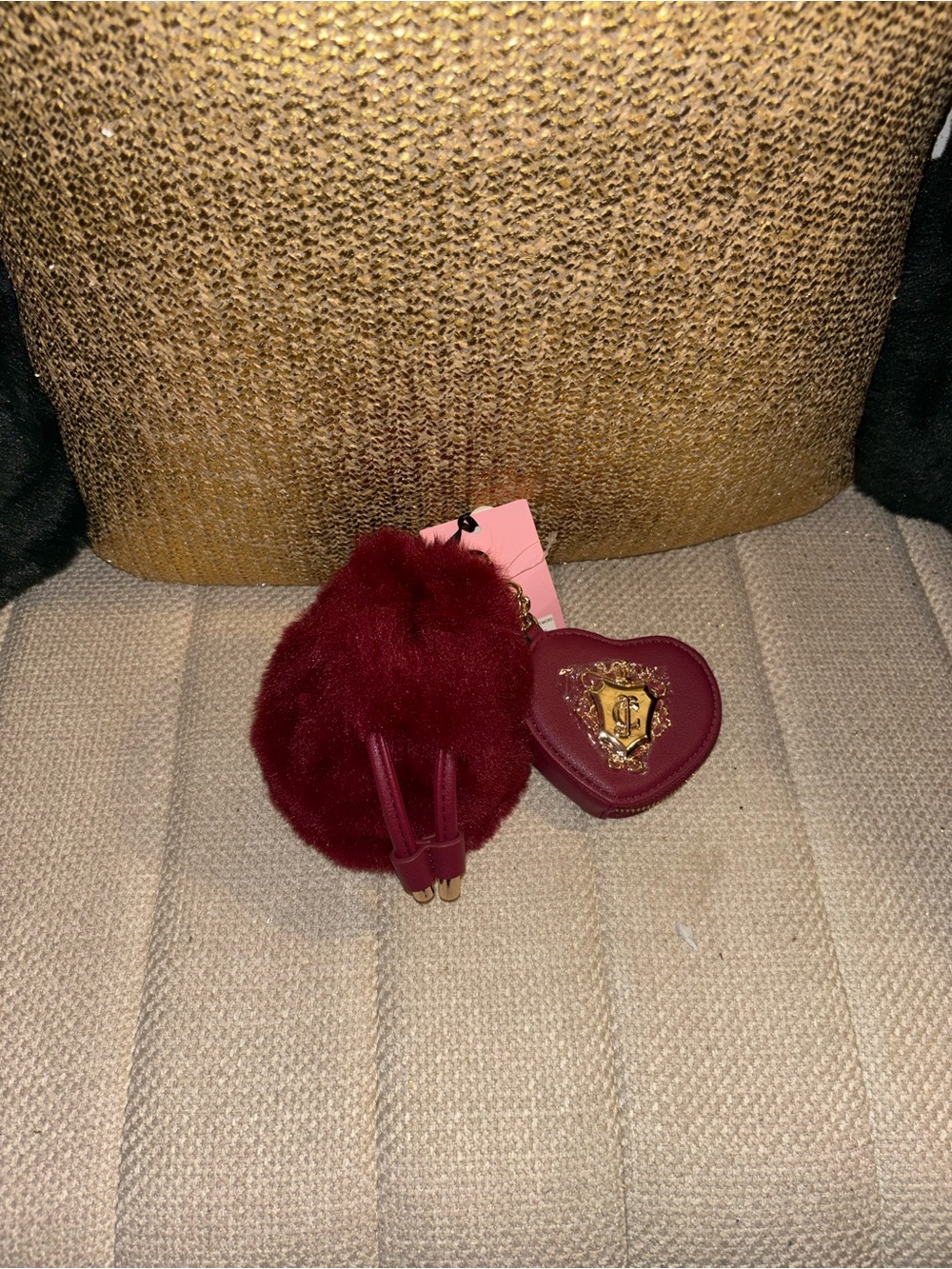 Juicy couture draw string Heart Keychain with Faux Fur Pom Cranberry juice color